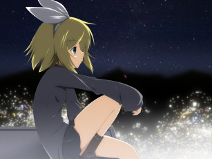 Картинка vocaloid аниме бант девушка kagamine rin небо yuzuki kei арт ночь вокалоид город звезды огни