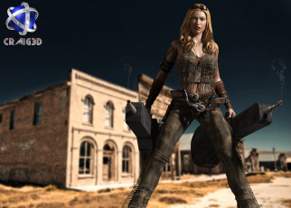 Картинка 3д+графика fantasy+ фантазия девушка оружие дом
