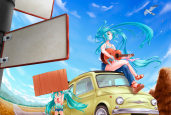 Картинка vocaloid аниме облака девушка hatsune miku небо знаки горы гитара птица вокалоид дорога машина hachune tsukineko арт