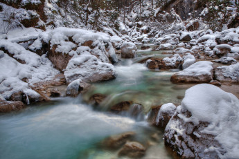 Картинка природа реки озера камни ручей лес деревья поток зима снег