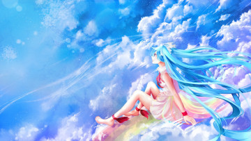 Картинка vocaloid аниме вокалоид ветер art haruno hotaru девушка улыбка спокойствие hatsune miku сидит облака радуга