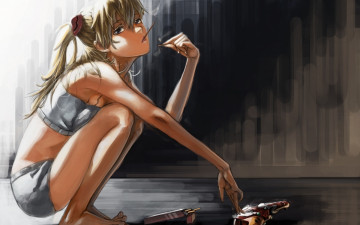 Картинка аниме evangelion сидит арт девушка