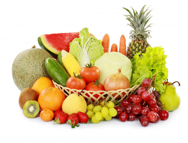 Обои картинки фото еда, фрукты и овощи вместе, апельсин, клубника, дыня, огурцы, кукуруза, фрукты, овощи, помидоры, капуста, белый, фон