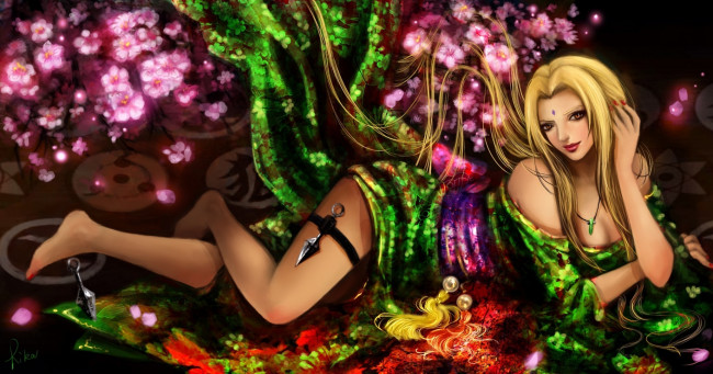 Обои картинки фото аниме, naruto, цветы, кулон, блондинка, ткань, кунаи, девушка, наруто, лежит, хокаге, пятая, тцунаде