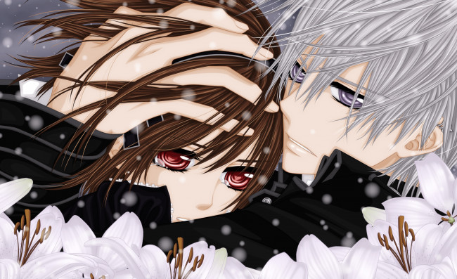 Обои картинки фото аниме, vampire knight, взгляд, цветы, снег, объятия, слезы, zero, yuki, vampire, knight