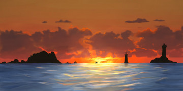 Картинка рисованное живопись пейзаж море маяки облака
