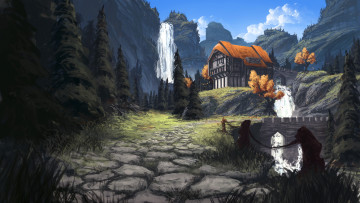 Картинка рисованное природа водопад горы облака дорога мост лес дом