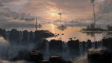 Картинка рисованное природа водопад закат пейзаж