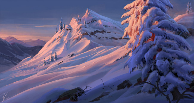 Обои картинки фото рисованное, природа, снег, горы, деревья
