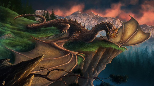 Обои картинки фото фэнтези, драконы, деревья, горы, взгляд, обрыв, крылья, фантастика, дракон, арт