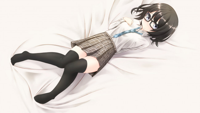 Обои картинки фото аниме, unknown,  другое, лежит, шатенка, девушка, nekobaka, очки