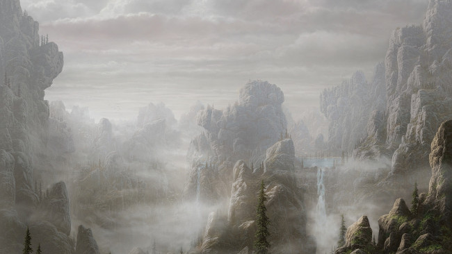 Обои картинки фото рисованное, природа, озеро, горы, туман, водопад, пейзаж
