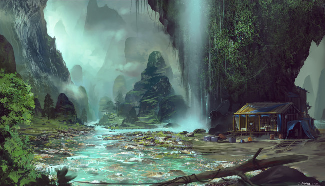 Обои картинки фото рисованное, природа, дом, горы, водопад, река
