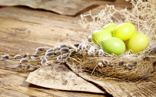 Обои картинки фото праздничные, пасха, flowers, spring, eggs, easter, верба, гнездо, яйца