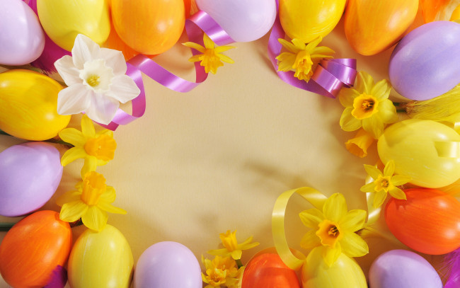 Обои картинки фото праздничные, пасха, яйца, цветы, нарциссы, eggs, easter, лента, spring, flowers