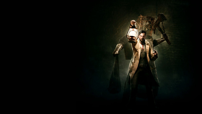 Обои картинки фото видео игры, the evil within, взгляд, лампа, существо, фон, мужчина