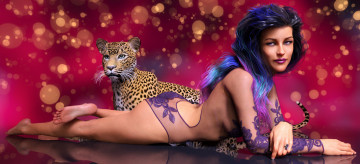 Картинка 3д+графика люди+и+животные+ people+and+animals девушка фон взгляд леопард