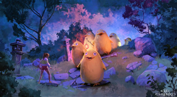 Картинка фэнтези существа девушка камни цыплята