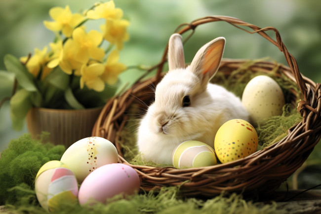 Обои картинки фото праздничные, пасха, кролик, корзина, яйца, цветы