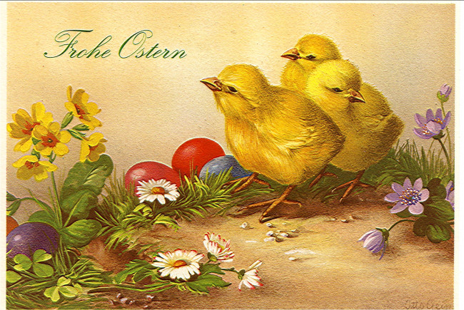 Обои картинки фото праздничные, пасха, открытка, цыплята, цветы, яйца