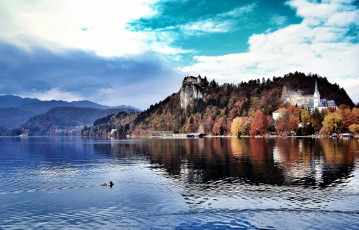 Картинка города блед словения пейзаж озеро костел монастырь