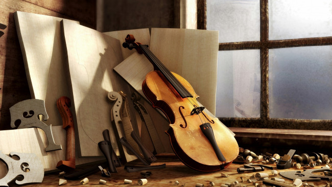 Обои картинки фото музыка, музыкальные, инструменты, верстак, стружки, скрипка, изготовление