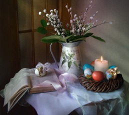 Картинка праздничные пасха свеча яйца верба книга