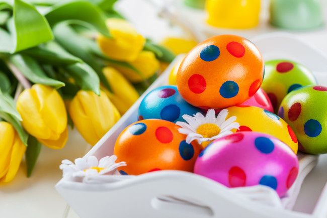 Обои картинки фото праздничные, пасха, весна, colorful, tulips, easter, flowers, крашеные, цветы, тюльпаны, яйца, eggs, spring
