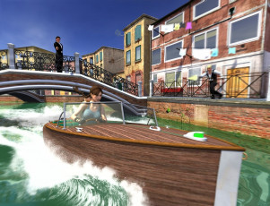 Картинка 3д+графика фантазия+ fantasy лодка фон взгляд мужчина девушка мост река