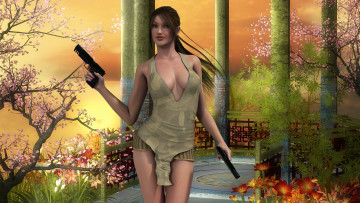 Картинка 3д+графика люди+ people цветы оружие фон взгляд девушка