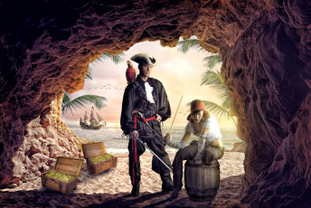 Картинка фэнтези фотоарт флибустьеры деньги сундук пиратская семья пираты пещера берег
