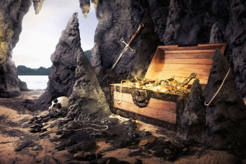 Картинка фэнтези фотоарт деньги меч пиратские сокровища грот пещера сундук золото
