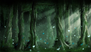 Картинка волшебный+лес фэнтези пейзажи сумерки туман сказка бабочки волшебный лес