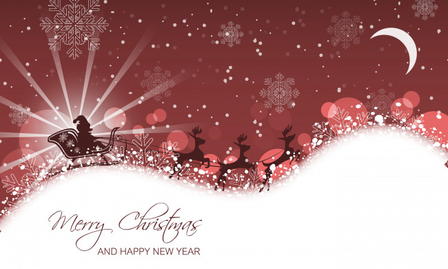 Обои картинки фото праздничные, векторная графика , новый год, новый, год, рождество, мерри, олени, санта, клаус, сани, снежинки