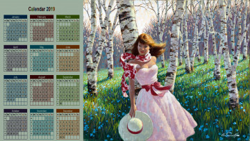 обоя календари, рисованные,  векторная графика, девушка, взгляд, береза, шляпа