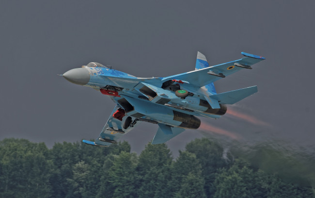 Обои картинки фото авиация, боевые самолёты, soukhoи, su-27, flanker, лес, взлёт, боевой, самолёт