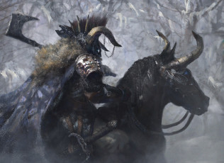 Картинка фэнтези существа конь фон мужчина топор маска рога