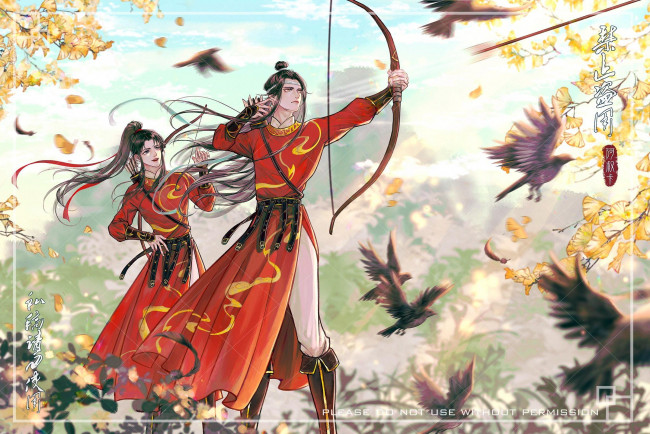 Обои картинки фото аниме, mo dao zu shi, вэй, усянь, лань, ванцзы, лук, лента, птицы