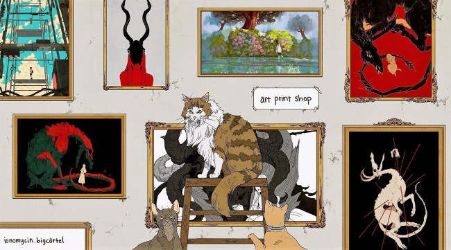 Обои картинки фото рисованное, животные,  коты, кошки, картины, лестница
