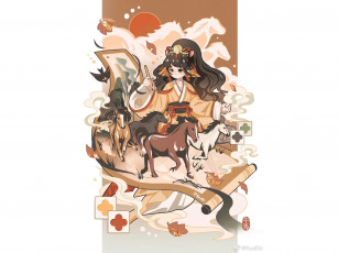Картинка аниме животные +существа девочка кисть свиток лошади листья