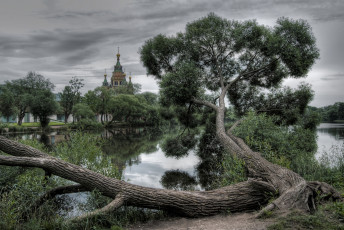 Картинка природа деревья дерево озеро собор тучи облака