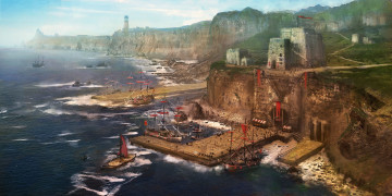 Картинка фэнтези иные миры времена корабли скалы море побережье пейзаж порт
