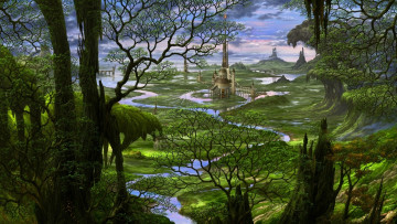 Картинка фэнтези пейзажи облака дома долина река