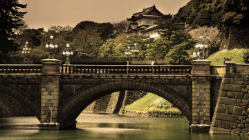 Картинка города мосты мост деревья фонари река Imperial+Palace tokyo japan