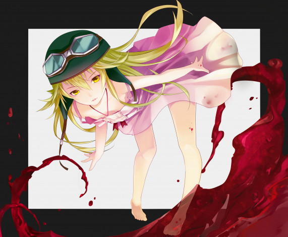 Обои картинки фото oshino, shinobu, аниме, bakemonogatari, девушка, платье, шлем, кровь
