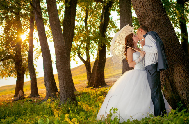 Обои картинки фото разное, мужчина женщина, невеста, жених, поцелуй, зонт, лес