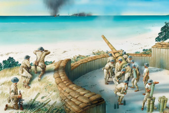 Картинка рисованные армия корабли море пушка солдаты