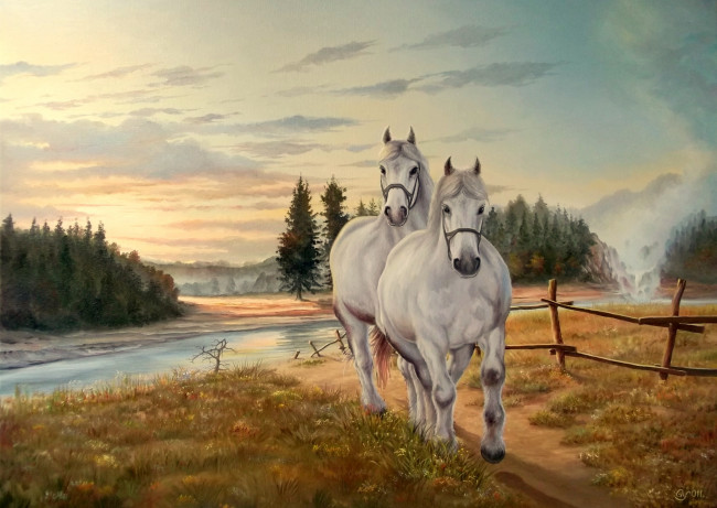 Обои картинки фото рисованные, животные, лошади