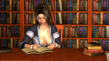 Картинка 3д+графика люди+ people взгляд девушка очки книги тетрадь стол фон библиотека