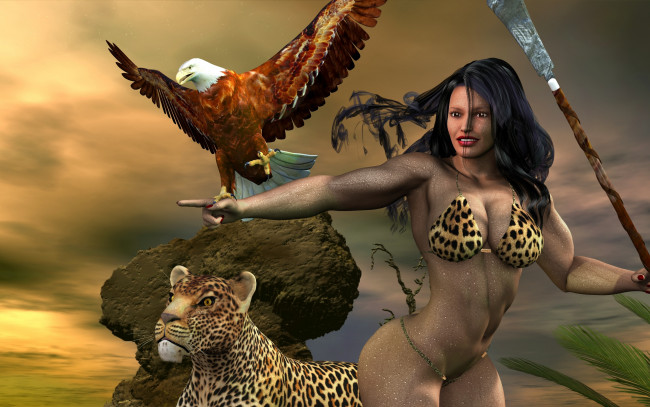 Обои картинки фото 3д графика, амазонки , amazon, орел, леопард, фон, взгляд, девушка